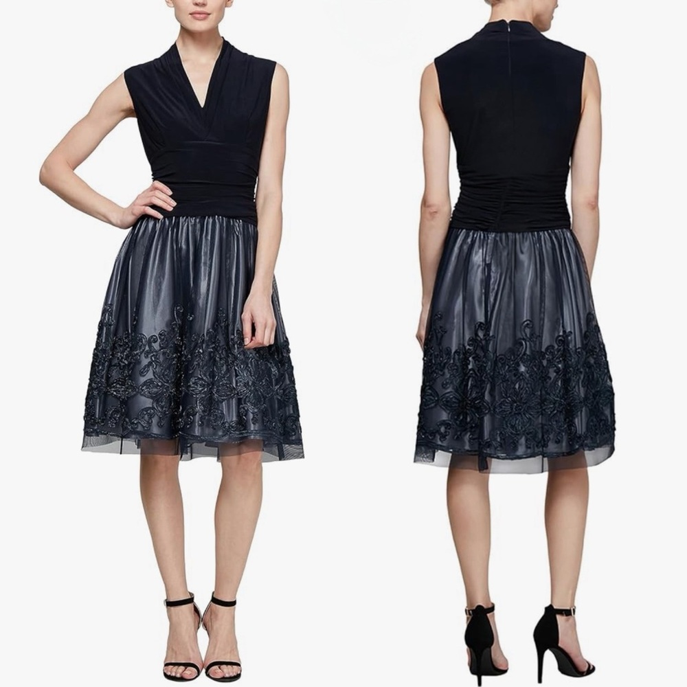 S.L. Fashions Women's Sleeveless V-Neck Navy Embroidered Lace Soutache Dress